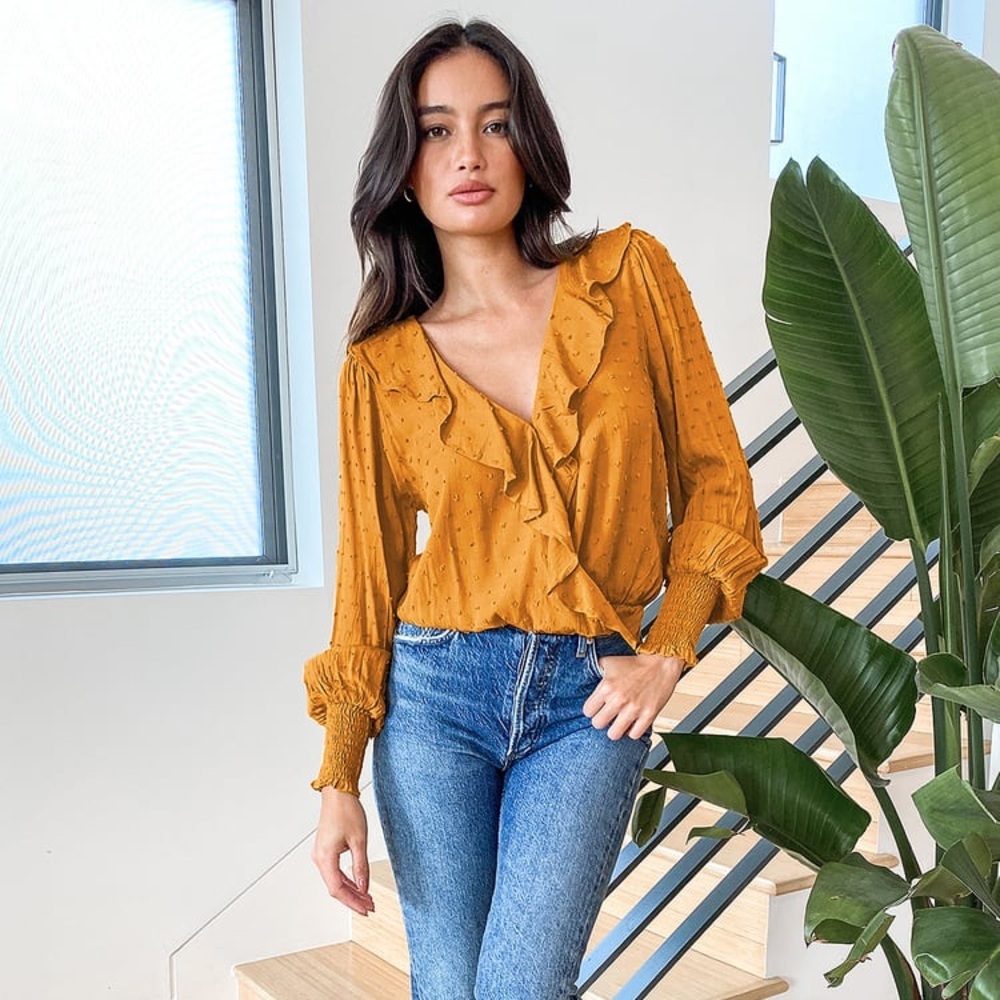 Mustard Yellow Swiss Dot Ruffled Long Sleeve Top - Picture 2 of 5